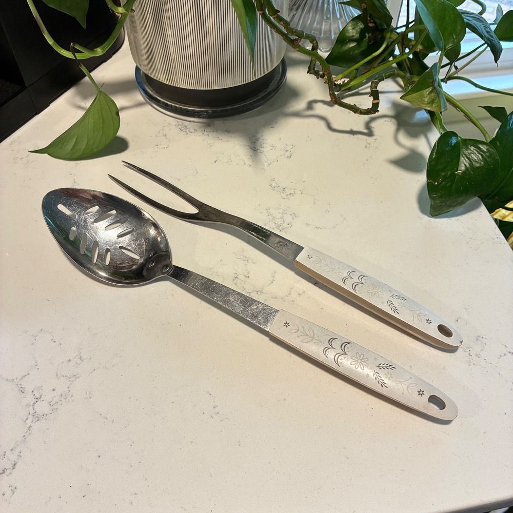 Vtg Ekco Flint Kitchen Utensil Set Slotted Spoon Meat Fork Stainless MCM Retro